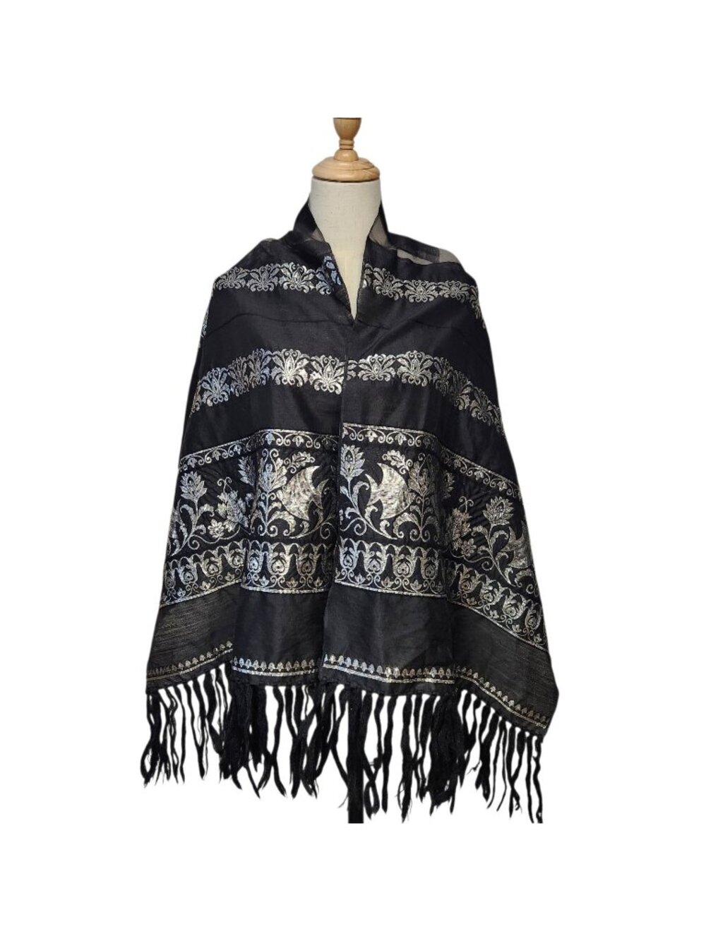 Black Silver Jacquard Shawl Stole Stylized Fish Motif Fringe Gothic